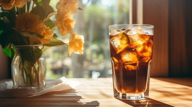 Café con hielo negro en un vaso de vidrio con luz solar sobre una mesa de madera