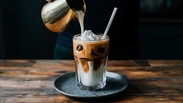 Foto café con hielo en un vaso alto con crema derramada