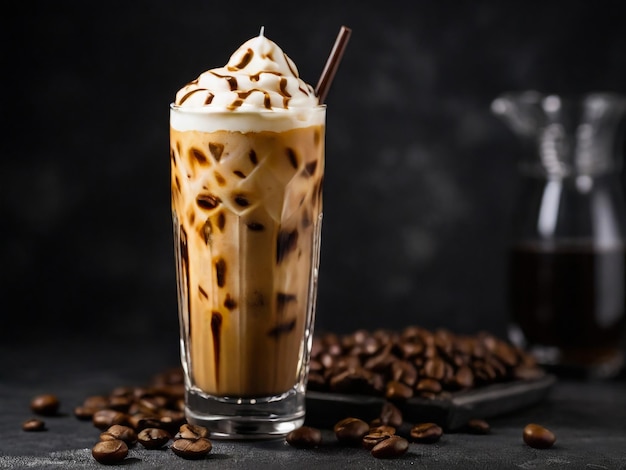 Café con hielo en un vaso alto con crema vertida sobre cubos de hielo y frijoles en una mesa de hormigón oscuro