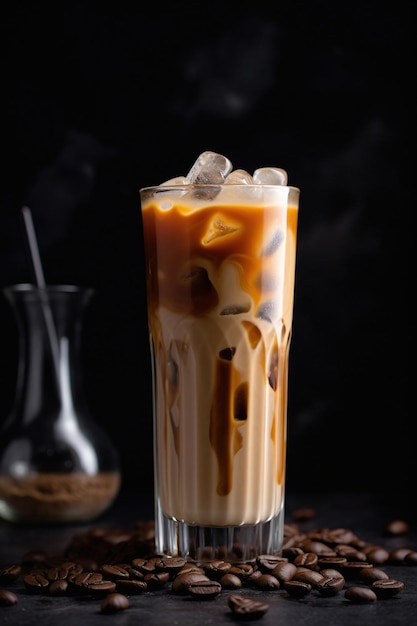 Café con hielo en un vaso sobre un fondo oscuro