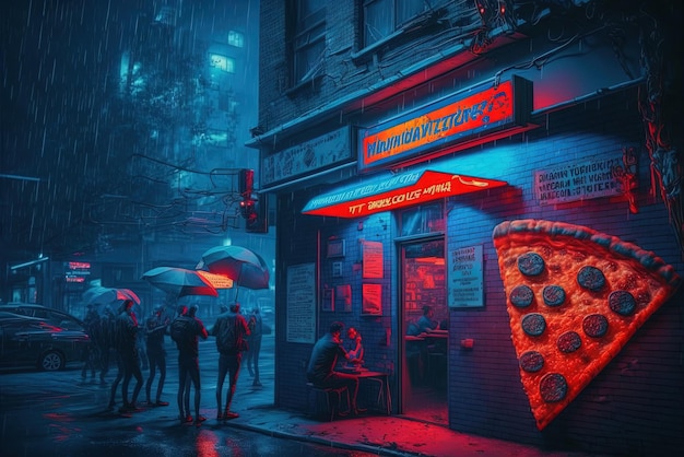 Café im Cyberpunk-Stil an der Straßenecke mit Neonlichtern. Futuristisches Fast-Food-Restaurant mit gefälschten Neonschildern. Generative KI