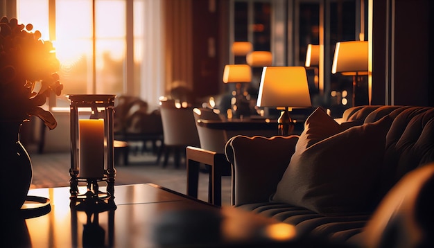Café-Interieur mit Tischen und Stühlen Sunsetgenerative ai