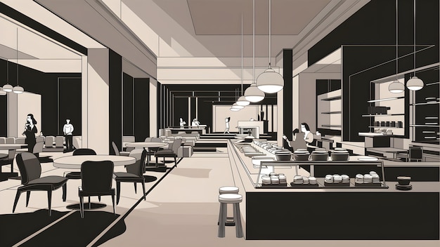 Café-Interieur modernes Restaurant geräumige Bar Illustration Hintergrund