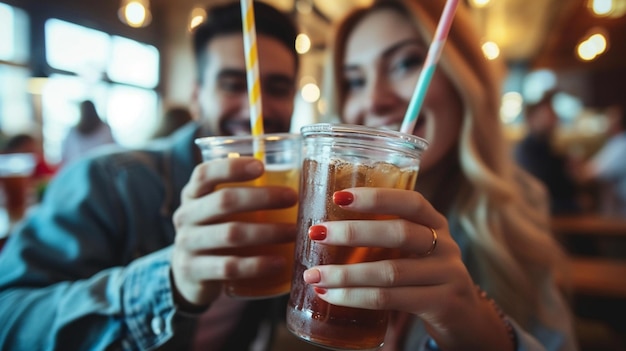 Foto café-kunden trinken ein getränk mit papierstrohhalmen