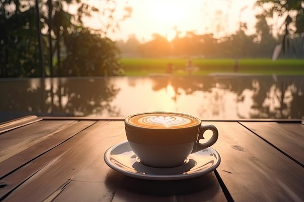 Café latte art quente na mesa de madeira relaxa o tempo Feito por AIInteligência artificial