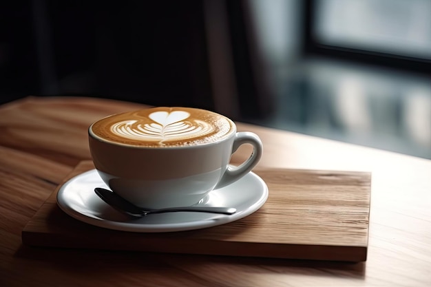 Café latte art quente na mesa de madeira relaxa o tempo Feito por AIInteligência artificial