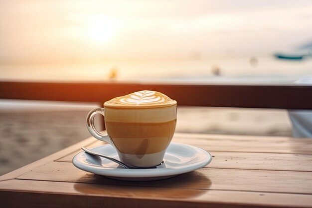 Café latte art quente na mesa de madeira relaxa o tempo Feito por AIInteligência artificial