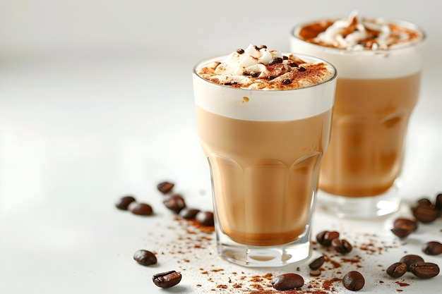 Café latte artísticamente elaborado y frijoles asados sobre un fondo blanco prístino