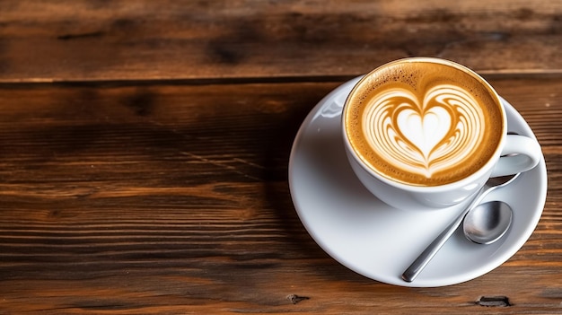 Café latte em xícara branca em uma mesa de madeira com grãos de café ao redor