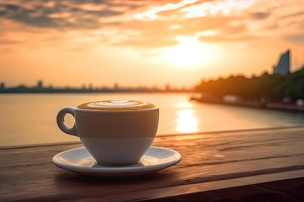 Café con leche caliente en la mesa de madera tiempo de relajación Hecho por AIInteligencia artificial