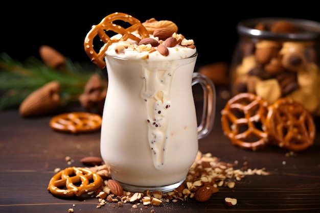 Café con leche con chocolate y nueces sobre fondo de madera