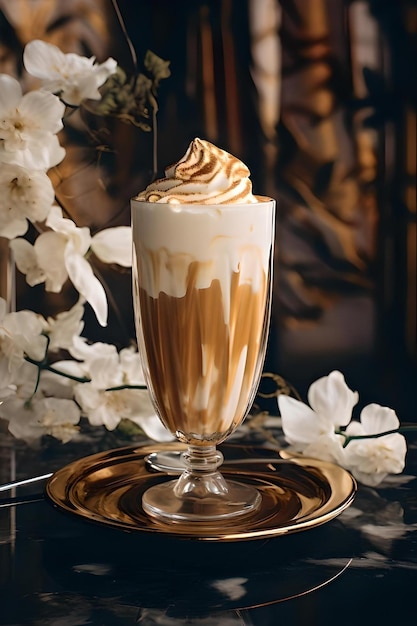 Foto café con leche cubierto con canela y helado de vainilla sobre una mesa con núcleo dorado y marrón