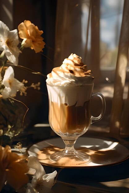 Foto café con leche cubierto con canela y helado de vainilla sobre una mesa con núcleo dorado y marrón