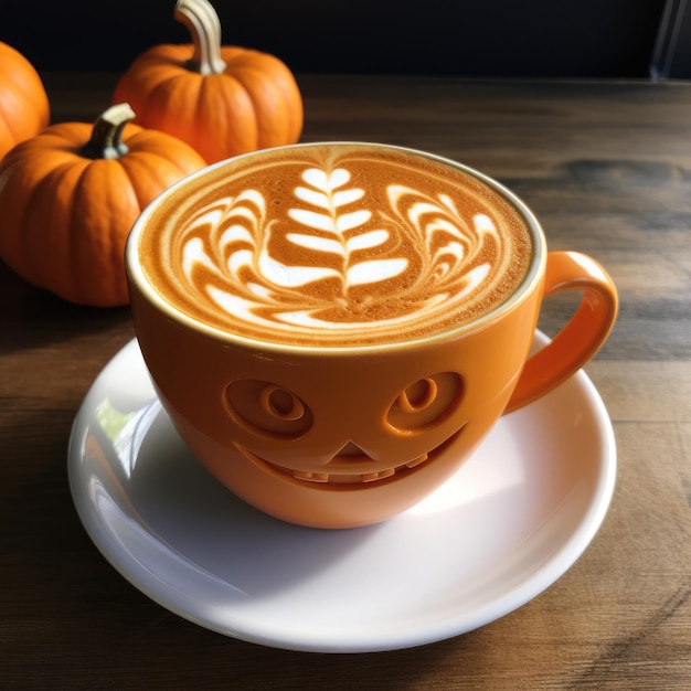 Un café con leche con especias de calabaza y un diseño artístico de jacko'lantern latte