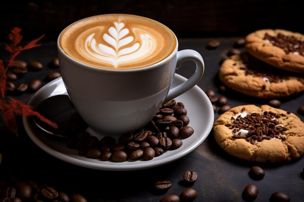 café con leche con galletas y granos de café