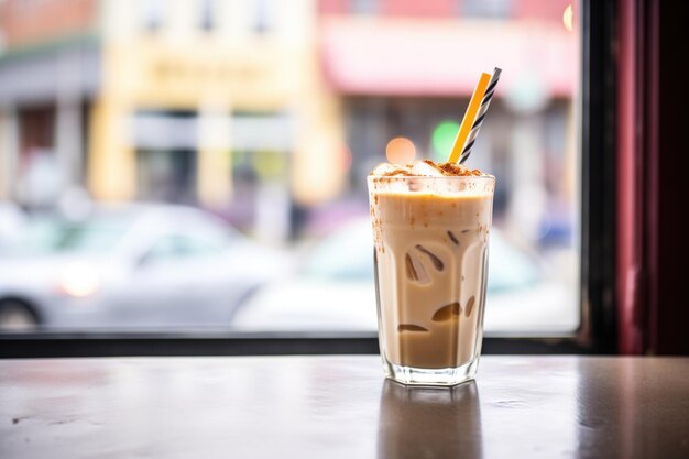 Un café con leche helada con un remolino de crema disparado a través de la ventana de la cafetería