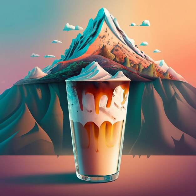 café con leche helado con una doble exposición de un deslizamiento de tierra en la ladera de una montaña colores pastel surrealismo