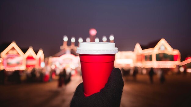 Café con leche para llevar Una mano en un guante de invierno con café en una taza de papel Mercado de Navidad