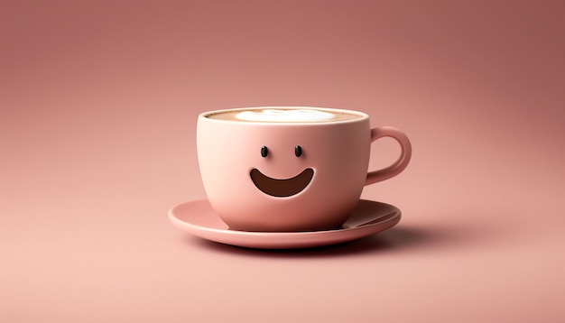 Café con leche en una taza minimalismo sonrisa fondo rosa IA generativa