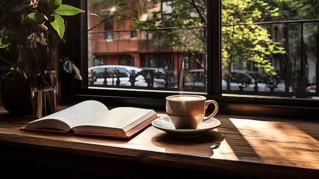 Café y libros frente a la ventana