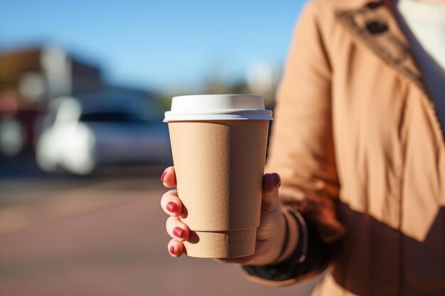 Café para llevar en manos de mujer junto al paisaje otoñal