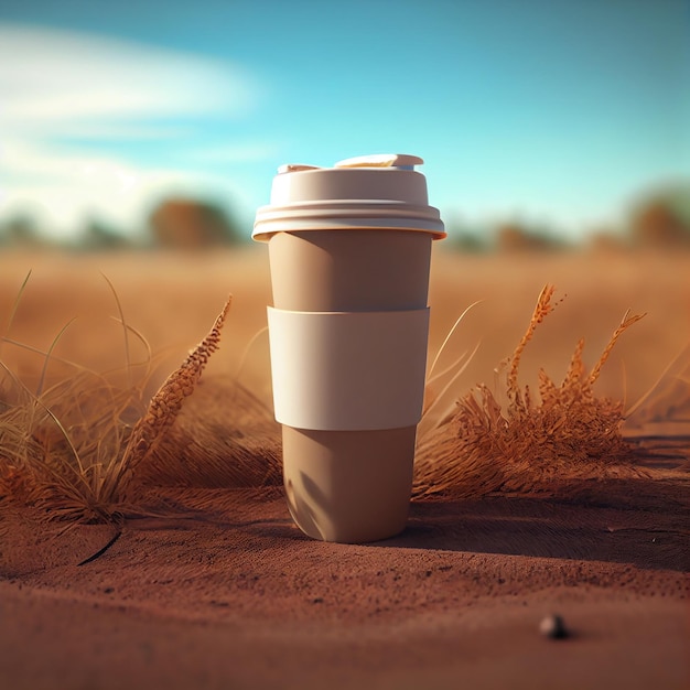 Café para llevar sobre un fondo con plantas verdes Ilustración Generativa AI