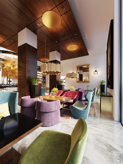 Foto café luxuoso em estilo moderno com móveis coloridos e lustres de ouro de design. painéis de madeira em colunas e teto. renderização 3d