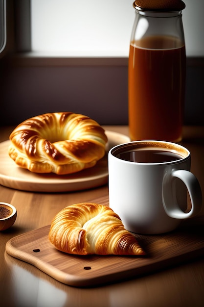 Café de la mañana con croissant y presente.