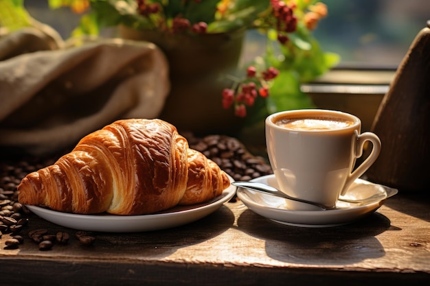 Café de la mañana y croissants recién horneados