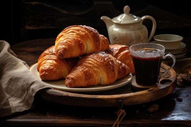 Café de la mañana y croissants recién horneados