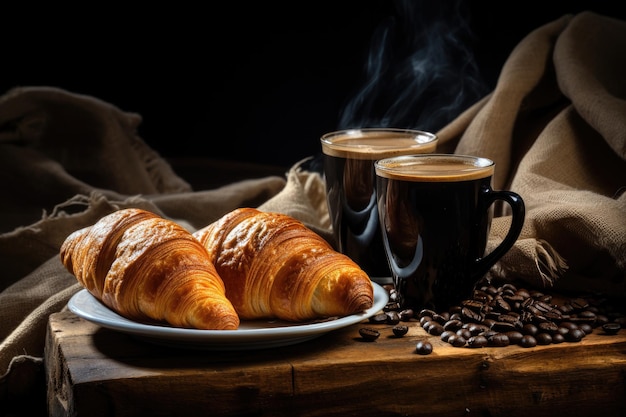 Café de la mañana y croissants recién horneados