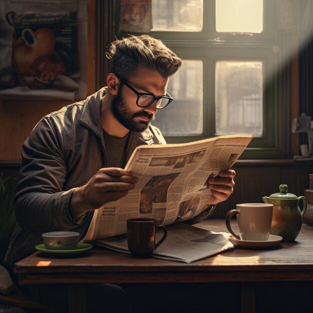 Foto café de la mañana con lectura del periódico ia generativa