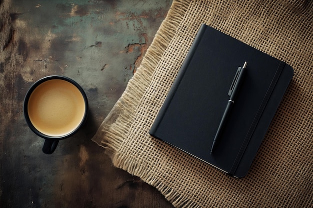 Café de la mañana rústico y cuaderno negro en fondo texturizado