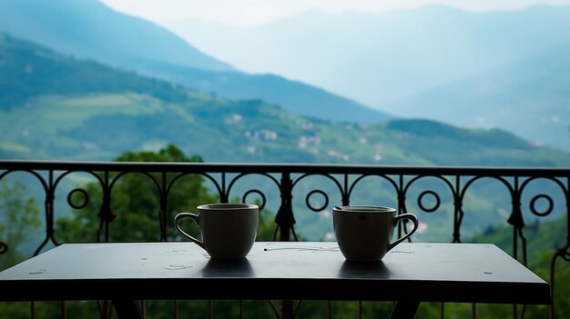 Foto café de la mañana en la terraza con vistas a las montañas y colinas verdes