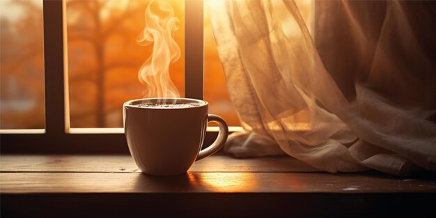 café matutino con fondo de amanecer