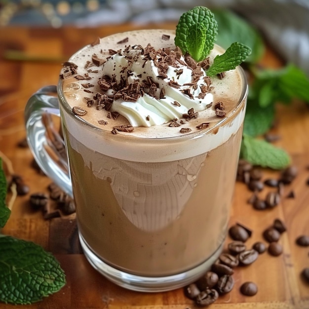 Café de menta con granos de café de chocolate