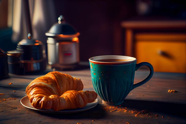 café en la mesa con croissant IA generativa