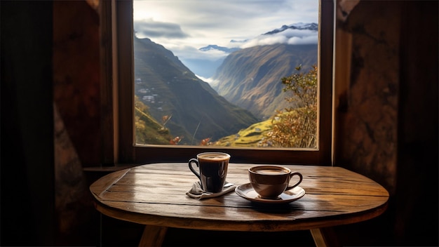 Café en una mesa con una hermosa vista desde la ventana