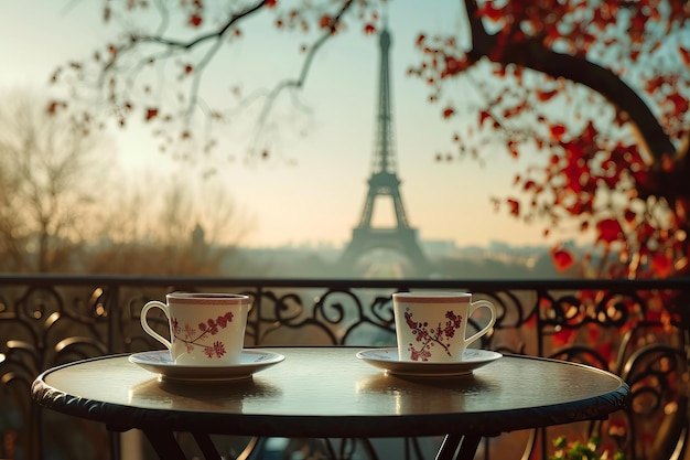 café en la mesa y la Torre Eiffel en París.