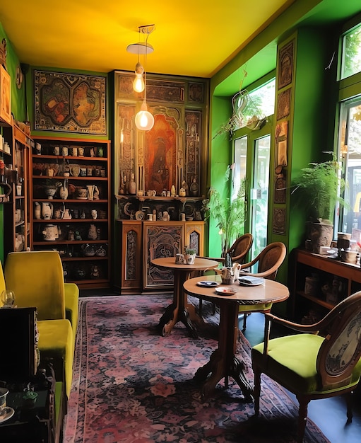 Café mit grünen Wänden und Vintage-Holzmöbeln Ai Generative
