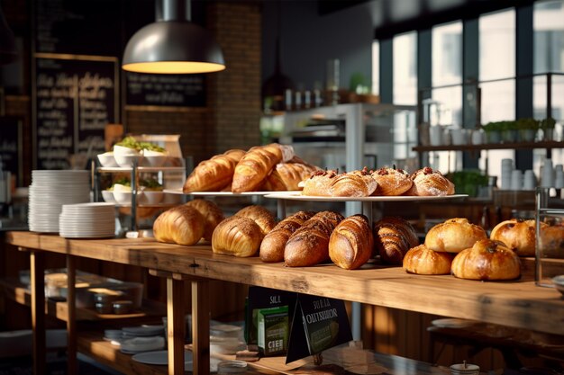 Foto café modernamente decorado con bar de comida generativo ai