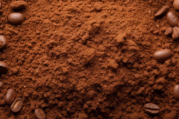 Foto café molido aromático macro vista de un fondo de alimentos texturados y tentadores