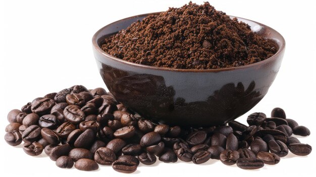 café molido y granos de café en un cuenco aislado sobre un fondo blanco
