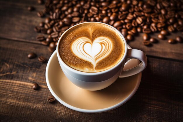 Café con motivos de corazón en una taza blanca sobre fondo de madera