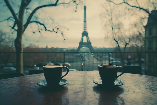 café na mesa e a Torre Eiffel em Paris