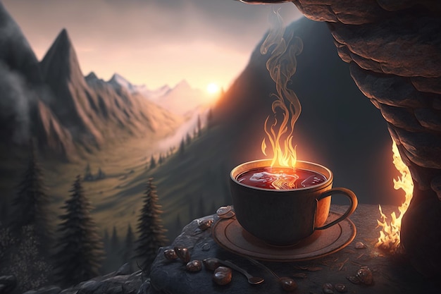 Café na natureza grandes montanhas fogo e café