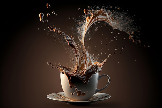 Café na xícara com queda de respingos e vapor Bebidas matinais com IA generativa