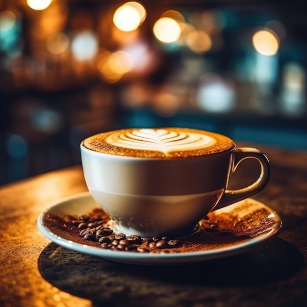 Café na xícara na mesa de madeira no café com iluminação de fundo