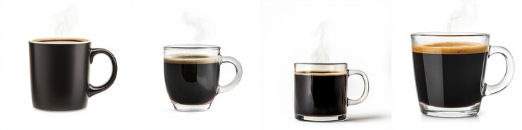 Café negro al vapor en varias tazas que muestran una rica crema y calidez