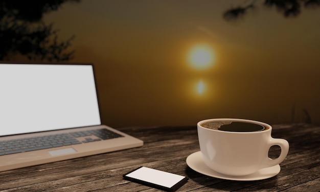 Café negro en taza blanca en una mesa de madera, pantalla en blanco en el laboratorio, pantalla blanca en el teléfono inteligente negro en la mesa, copia del concepto de escritorio de trabajo y viaje en el espacio, renderizado en 3D.